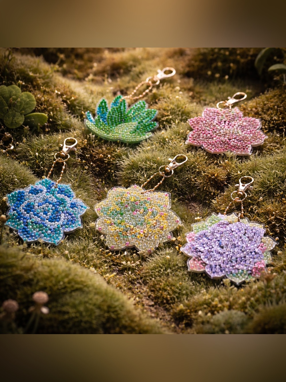 Double-sided Floral Beaded Keychain Set of Five